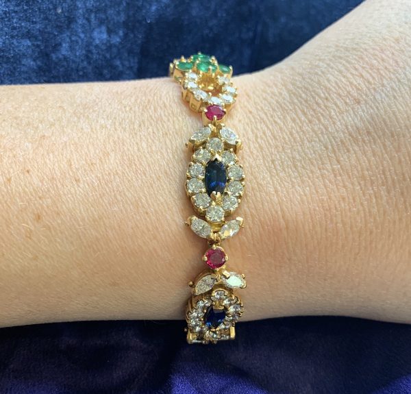 Vintage 1970’s Multi Gem Sapphire, Ruby, Emerald and Diamond Bracelet