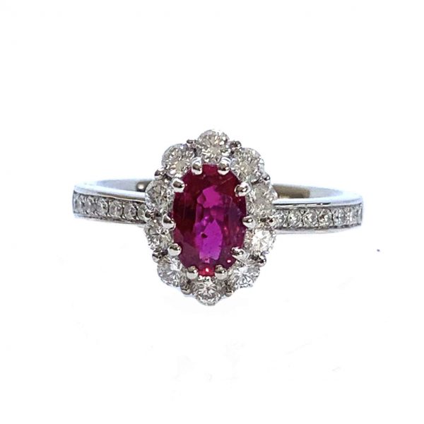 Ruby and diamond engagement ring oval cut Cluster No Heat, 1 carat Platinum
