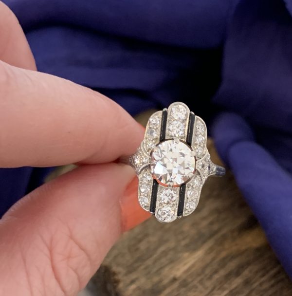 Art Deco diamond onyx ring plaque
