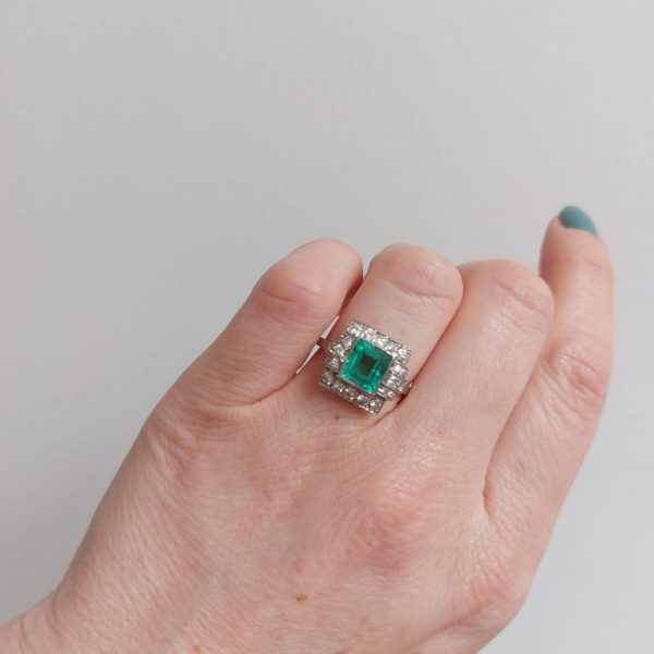 Art Deco Emerald and diamond engagement ring