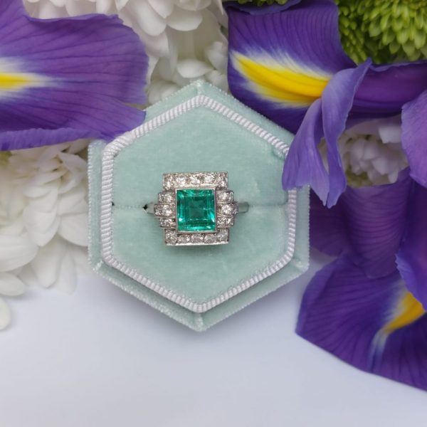 Art Deco Emerald and diamond engagement ring Square