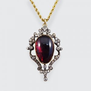 Victorian Antique Cabochon Garnet and Diamond Pendant and Chain WA