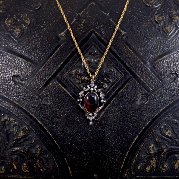 Victorian Antique Cabochon Garnet and Diamond Pendant and Chain WA