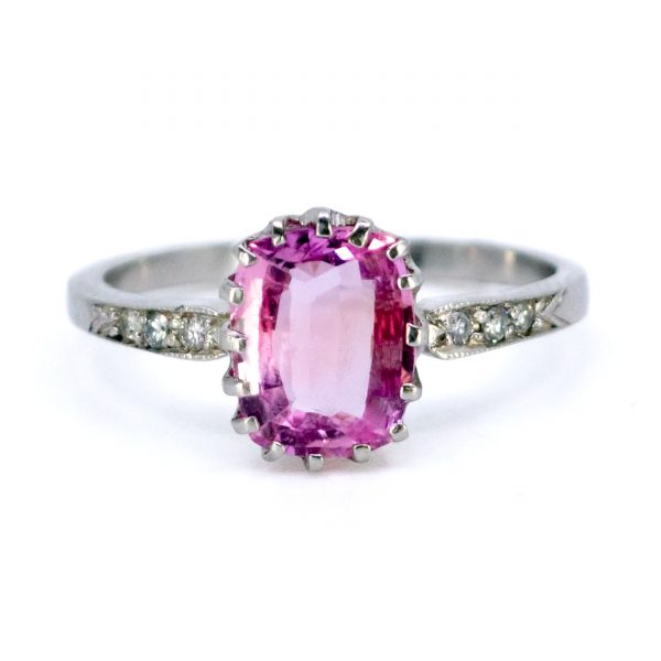 Vintage 2ct Pink Sapphire and Diamond Platinum Ring