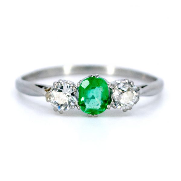 Emerald Jewellery Vintage Emerald and Old Mine Cut Three Stone Ring