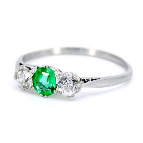Vintage Emerald and Old Mine Cut Three Stone Ring