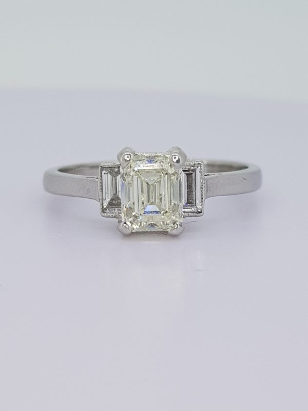 1.03ct Emerald Cut Diamond Ring with Baguette Diamond Shoulders in 18ct white gold