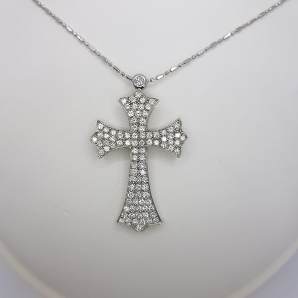 Gothic Diamond Cross Pendant and Chain; striking 18ct white gold cross pave-set with 1.50 carats of diamonds, on an 18ct white gold chain