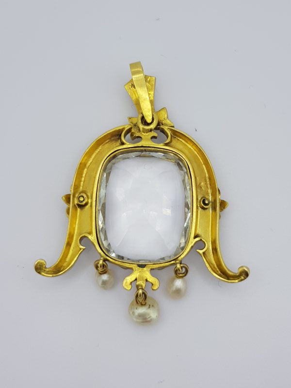 Antique Victorian White Topaz, Pearl, Black Enamel and Gold Pendant, Circa 1880