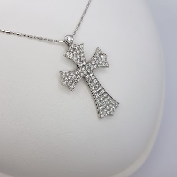 Gothic Diamond Cross Pendant and Chain in 18ct White Gold, 1.50 carat total
