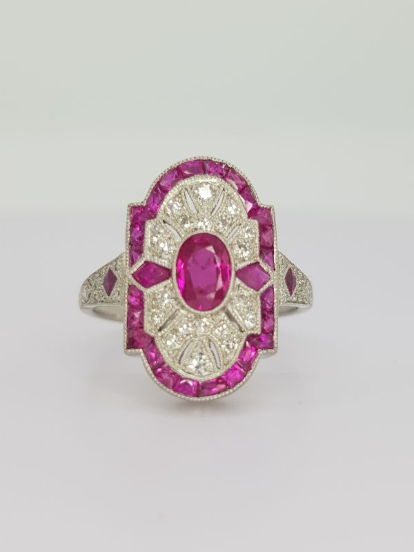 Art Deco Style Ruby and Diamond Plaque Ring in Platinum
