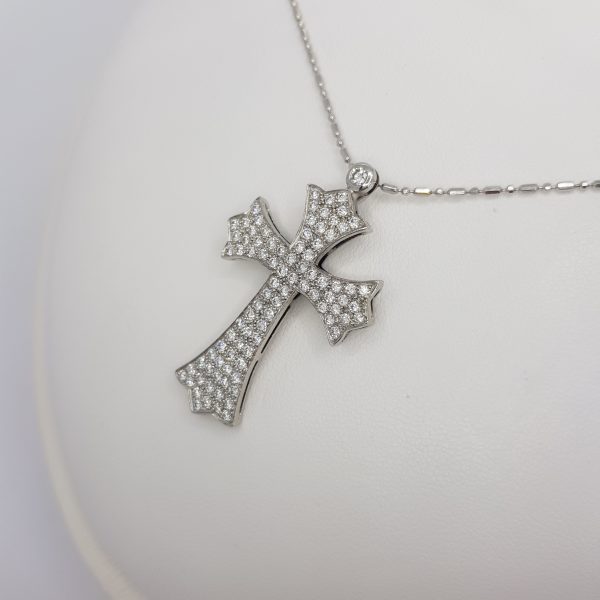 Gothic Diamond Cross Pendant and Chain in 18ct White Gold, 1.50 carats