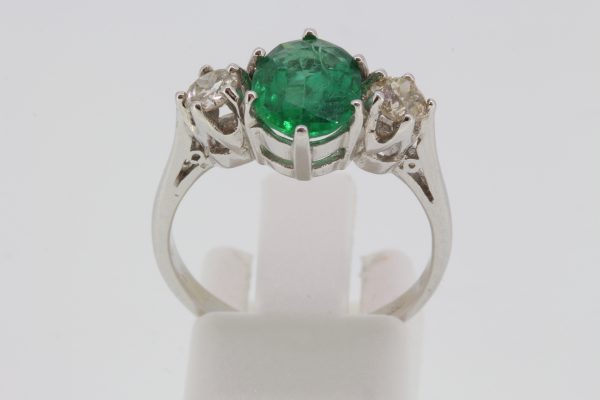 1.45ct Emerald and Diamond Trilogy Ring in 18ct White Gold