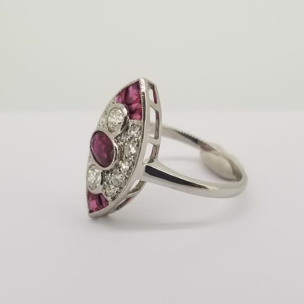 Ruby and Diamond Marquise Shaped Cluster Navette Ring in Platinum
