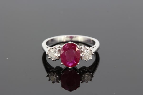Ruby and Diamond Three Stone Ring in 18ct White Gold, 1.90 carats