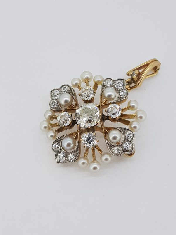 Antique Victorian Natural Pearl and Old Cut Diamond Pendant Brooch in 15ct Gold, 1.00 carat