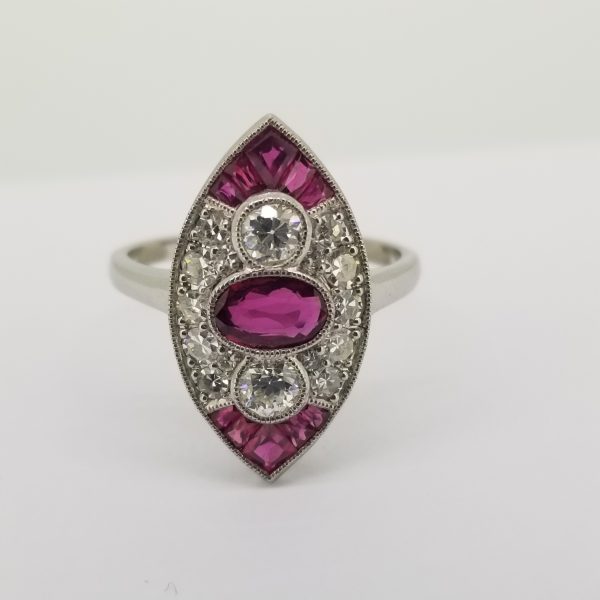 Ruby and Diamond Marquise Shaped Cluster Navette Ring in Platinum