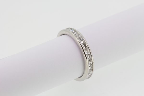 Princess Cut Diamond Full Eternity Band Ring in Platinum; channel set with 1.90 carats of princess-cut diamonds, mounted in platinum