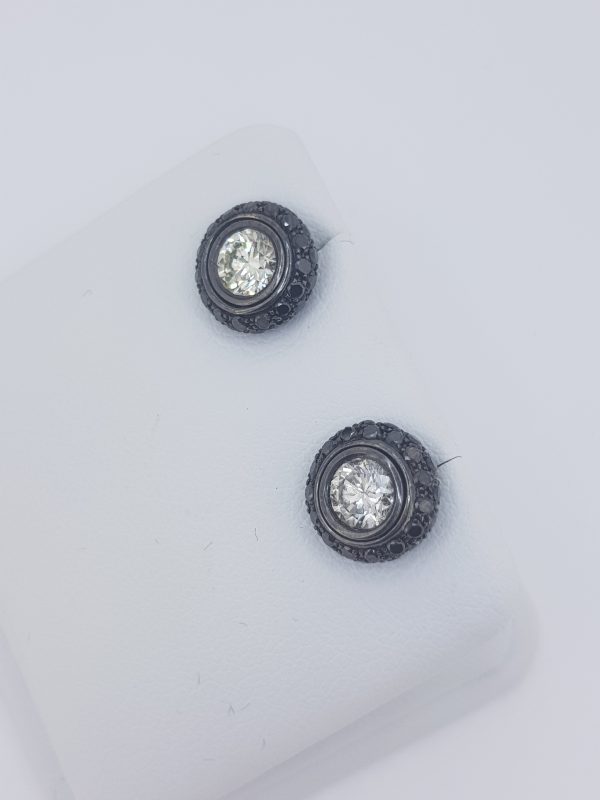 Black and White Diamond Stud Earrings Detachable Halo. White diamonds 0.80 carats. Black diamonds 0.96 carats