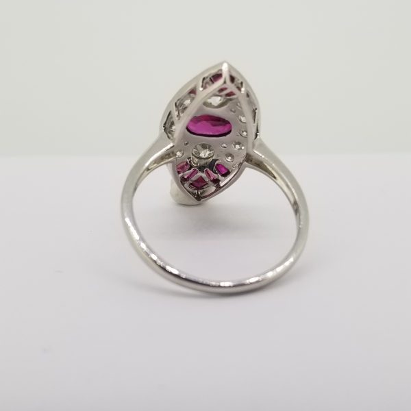 Ruby and Diamond Marquise Shaped Cluster Navette Ring in Platinum