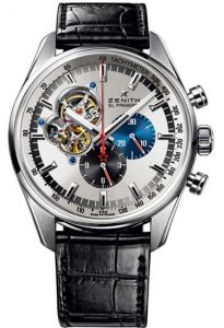 Brand New Zenith El Primero Wristwatch; silvered dial with baton hour markers, tachymeter outer seconds, blue and black sub-dials, Model 03.2040.4061/69.C496, with box, papers and two year warranty