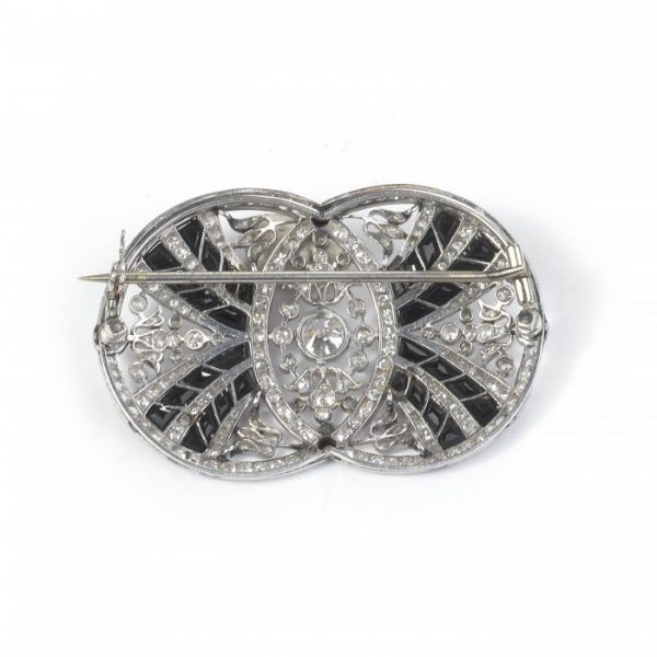 Belle Epoque Old Cut Diamond, Onyx and Platinum Brooch