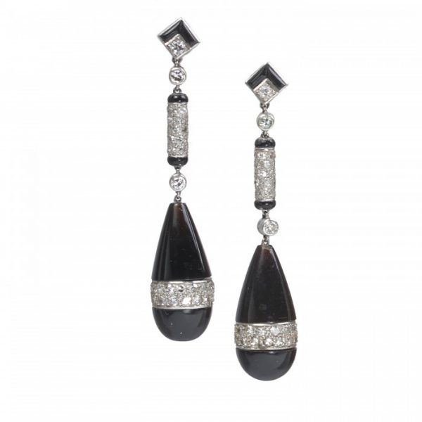 Art Deco Onyx Diamond Enamel Platinum Drop Earrings
