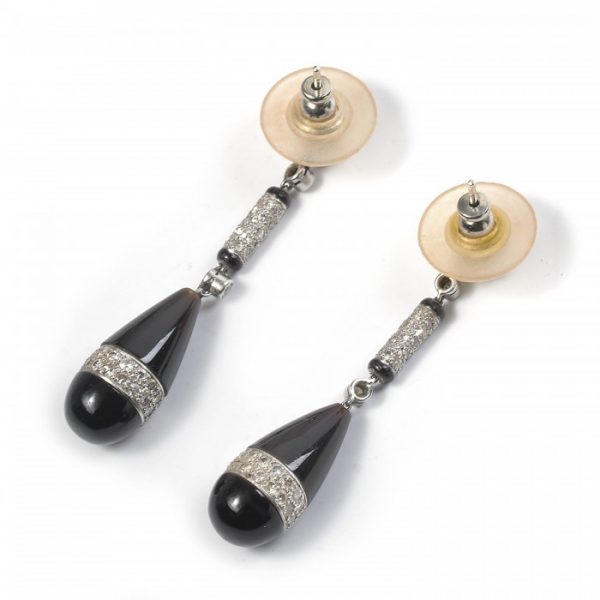 Art Deco Onyx Diamond Enamel Platinum Drop Earrings