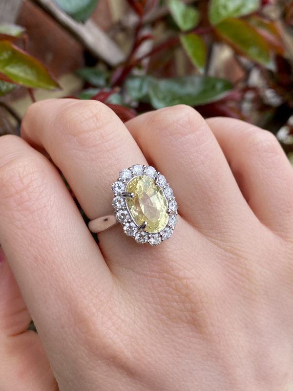6.42ct Sri Lanka Yellow Sapphire and Diamond Oval Cluster Ring in 18ct White Gold, no heat treatment