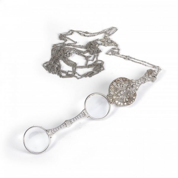 Belle Epoque Diamond and Platinum Lorgnettes Pendant Necklace; antique Edwardian lorgnettes on 26 inch double-row fancy open link chain, set with brilliant-cut diamonds