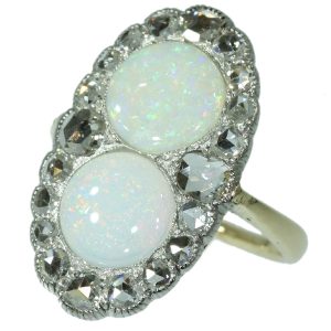 Antique Victorian Engagement Ring with Rose Cut Diamonds and Cabochon Opals