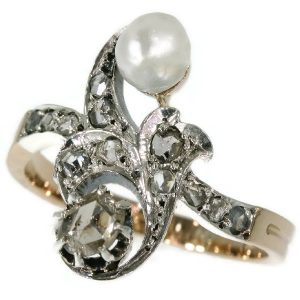 Antique Victorian Rose Cut Diamond and Pearl Cross Over Ring