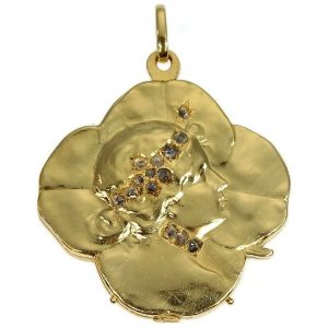 Antique Art Nouveau 18ct Gold Womans Head Diamond Set Clover Pendant