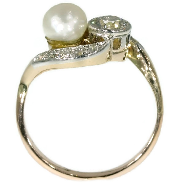 Antique Belle Epoque Diamond and Pearl Two Stone Ring
