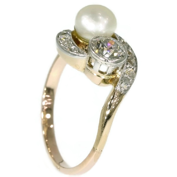 Antique Belle Epoque Diamond and Pearl Two Stone Ring
