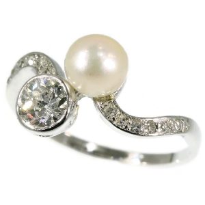 Antique Belle Epoque Diamond and Pearl Toi et Moi Ring