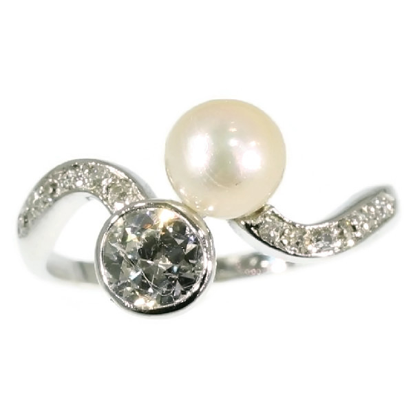 Antique Belle Epoque Diamond and Pearl Toi et Moi Ring