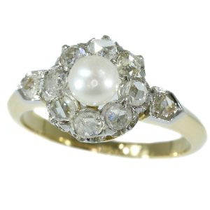 Antique Late Victorian Diamond and Pearl Engagement Ring