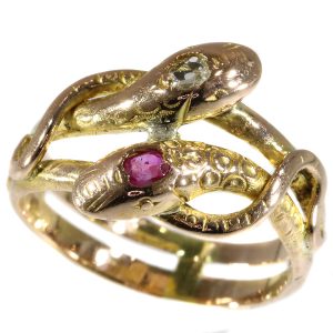 Antique Victorian Ruby and Diamond Double Headed Gold Snake Ring