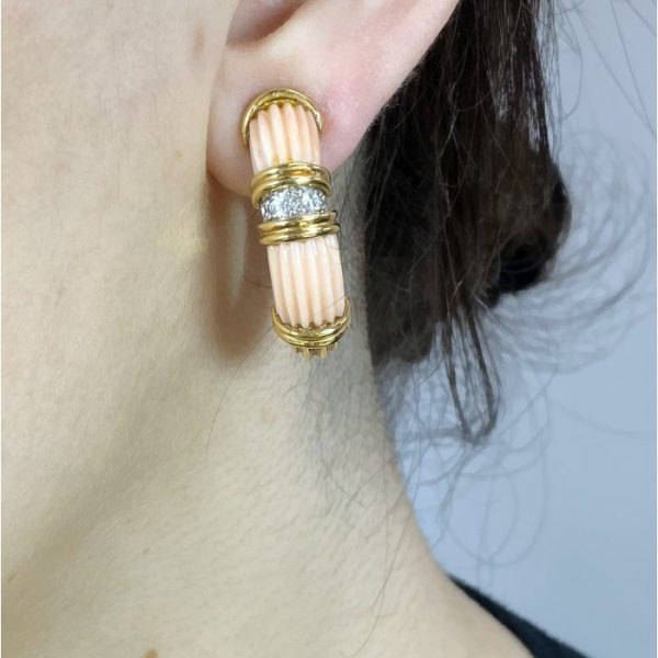 Vintage Fluted Coral and Diamond Hoop Earrings in 18ct Yellow Gold, Circa 1970s