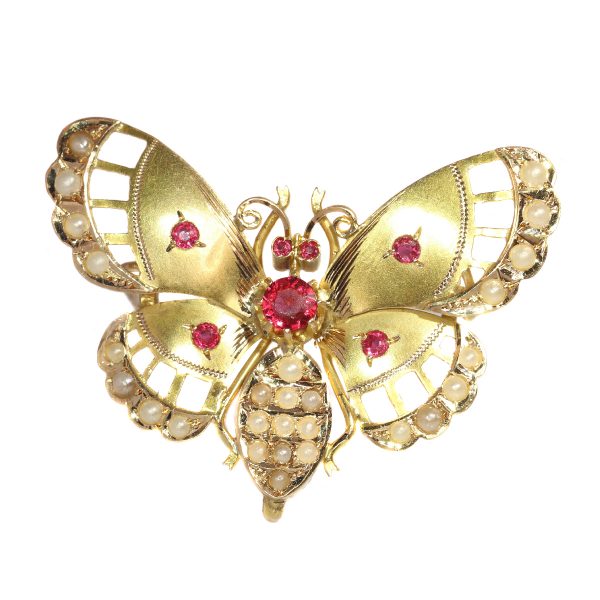 Antique Late Victorian Gold Seed Pearl Butterfly Brooch