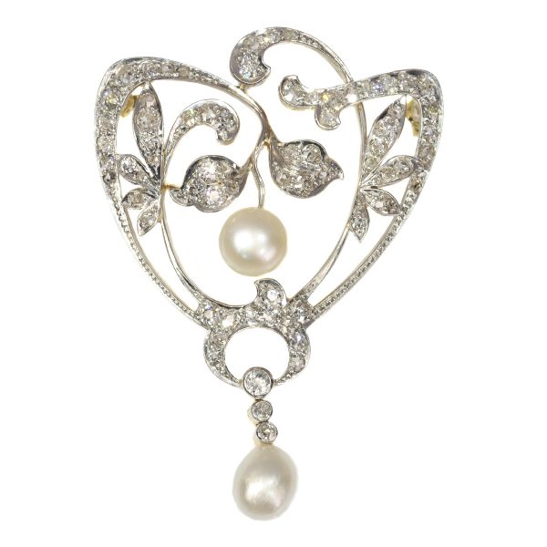 Antique Art Nouveau 1.87ct Diamond and Pearl Brooch