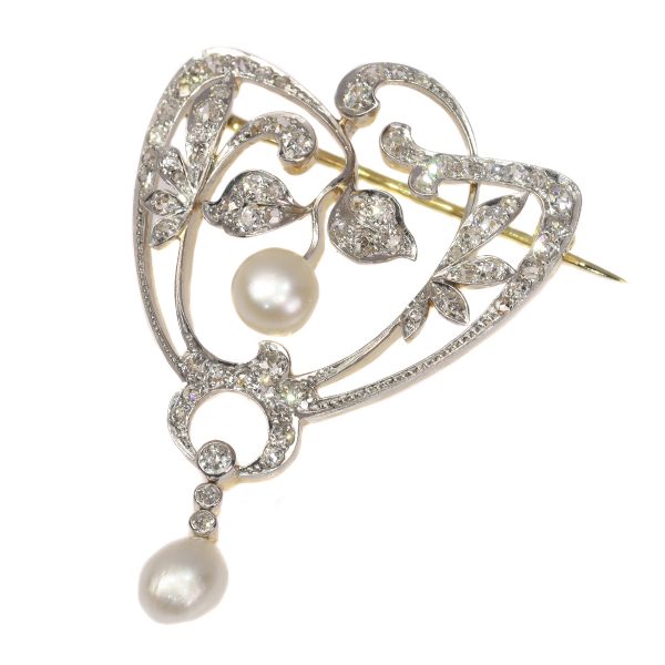Antique Art Nouveau 1.87ct Diamond and Pearl Brooch