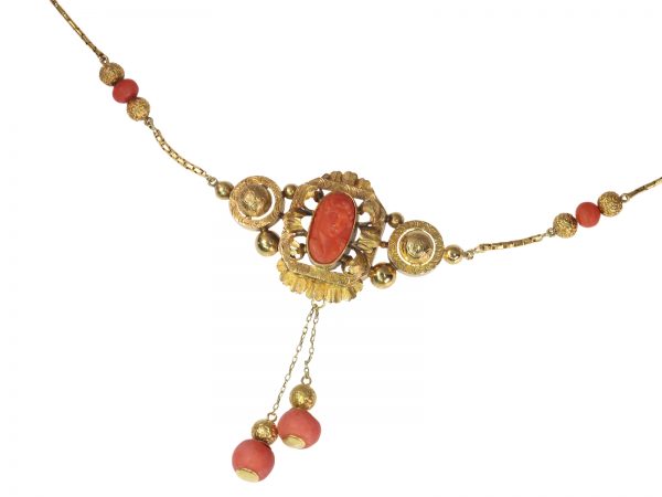 Antique Victorian Gold and Coral Cameo Necklace