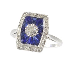 Antique French Art Deco Diamond and Sapphire Engagement Ring