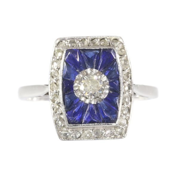 Antique French Art Deco Diamond and Sapphire Engagement Ring