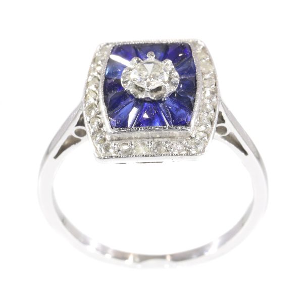 Antique French Art Deco Diamond and Sapphire Engagement Ring