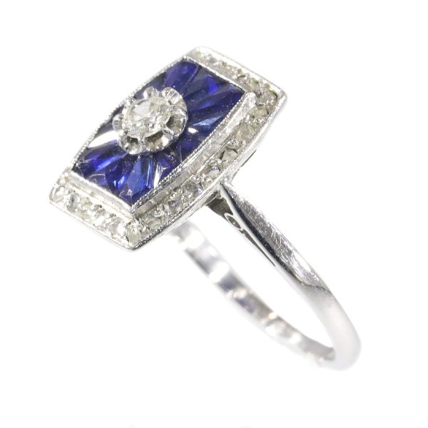 Antique French Art Deco Diamond and Sapphire Engagement Ring