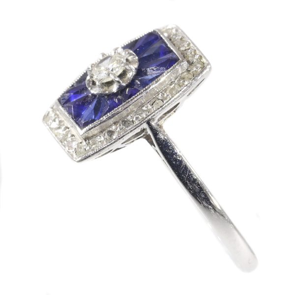 Antique French Art Deco Diamond and Sapphire Engagement Ring
