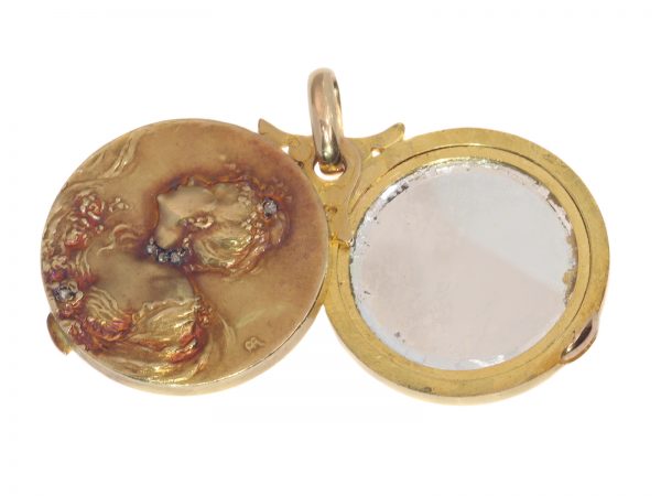 Antique French Art Nouveau Gold Locket with Hidden Mirror